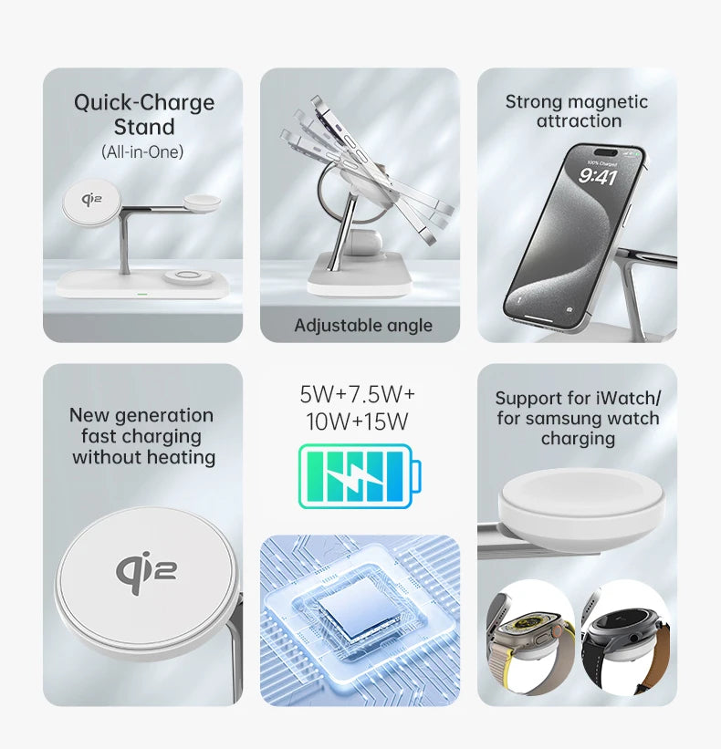 QI2 3 in 1 Magnetic Wireless Chargers For iPhone 16 15 14 13 12 Fast Charging Station For Apple Watch Airpods 2 3 4 stand