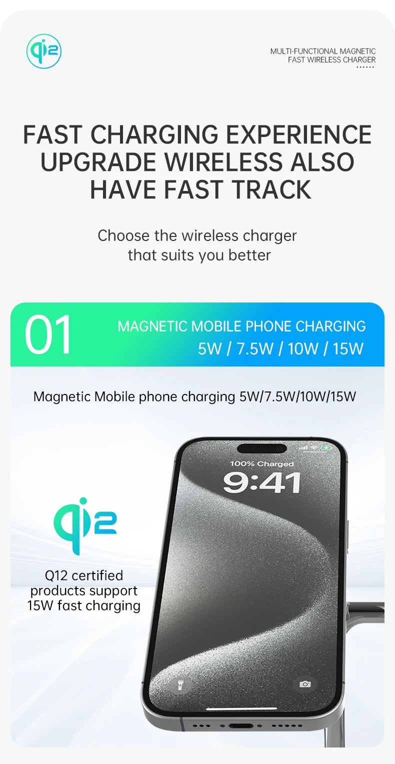 QI2 3 in 1 Magnetic Wireless Chargers For iPhone 16 15 14 13 12 Fast Charging Station For Apple Watch Airpods 2 3 4 stand