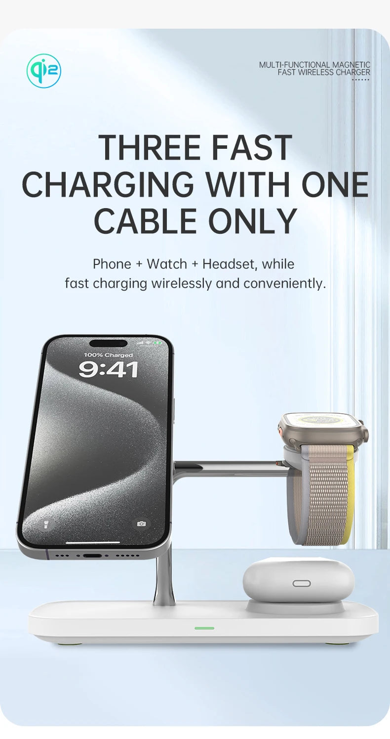 QI2 3 in 1 Magnetic Wireless Chargers For iPhone 16 15 14 13 12 Fast Charging Station For Apple Watch Airpods 2 3 4 stand