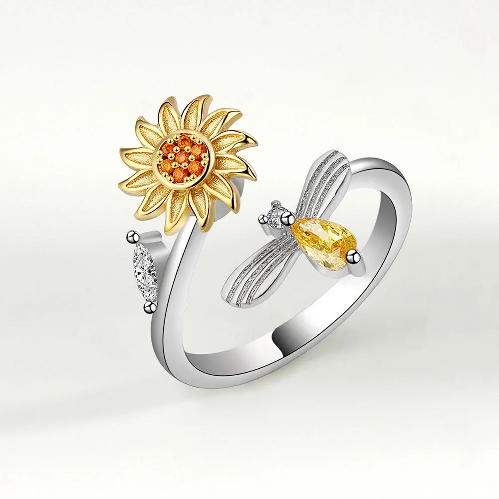 Sam Panda 925 Sterling Silver Sunflower Diamond Zircon Rotatable Ring For Women Gift Relieve Stress Ring Jewelry Wholesale