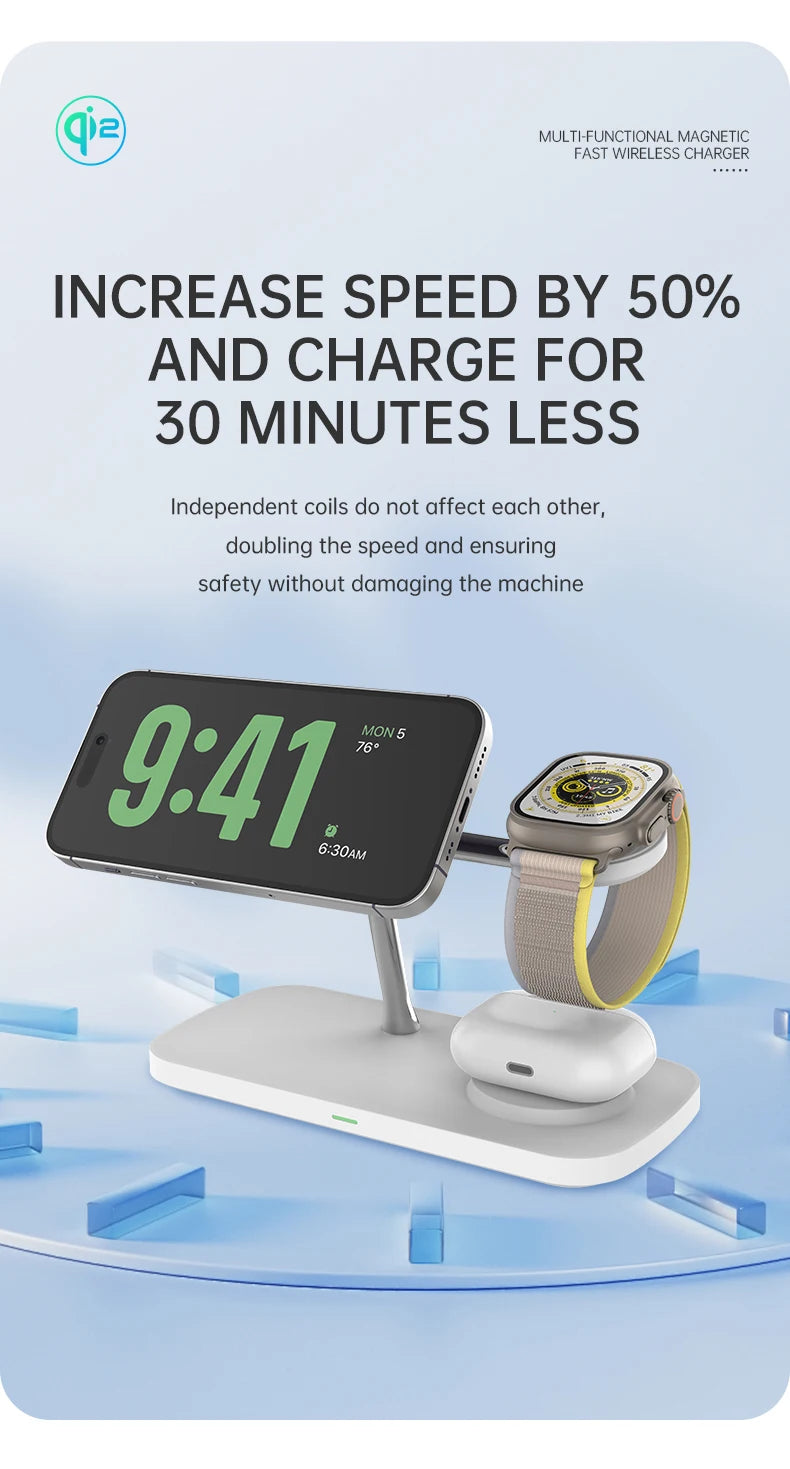 QI2 3 in 1 Magnetic Wireless Chargers For iPhone 16 15 14 13 12 Fast Charging Station For Apple Watch Airpods 2 3 4 stand