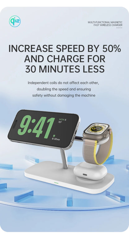 QI2 3 in 1 Magnetic Wireless Chargers For iPhone 16 15 14 13 12 Fast Charging Station For Apple Watch Airpods 2 3 4 stand