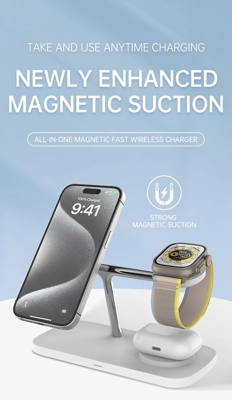QI2 3 in 1 Magnetic Wireless Chargers For iPhone 16 15 14 13 12 Fast Charging Station For Apple Watch Airpods 2 3 4 stand