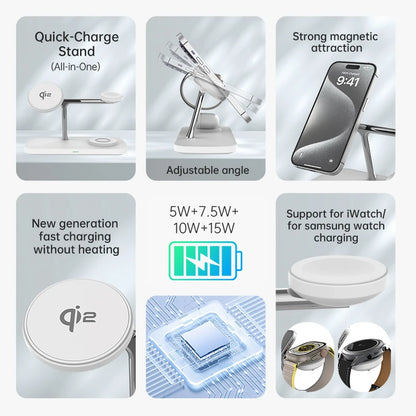 QI2 3 in 1 Magnetic Wireless Chargers For iPhone 16 15 14 13 12 Fast Charging Station For Apple Watch Airpods 2 3 4 stand
