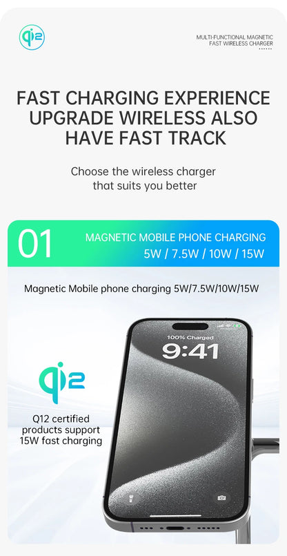 QI2 3 in 1 Magnetic Wireless Chargers For iPhone 16 15 14 13 12 Fast Charging Station For Apple Watch Airpods 2 3 4 stand