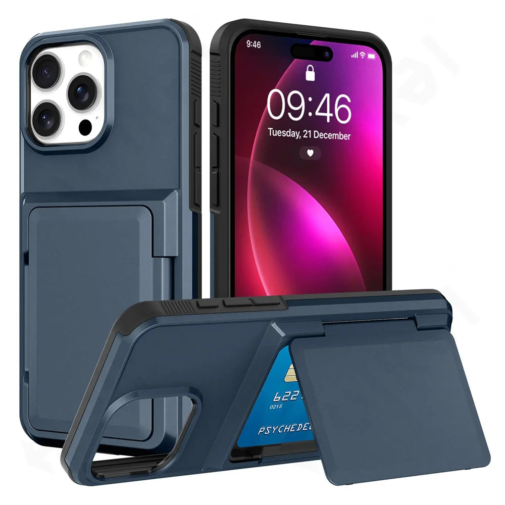 Case For iPhone 16 15 14 13 12 11 Pro Max Plus Wallet Credit Card Holder ID Card Slot Heavy Duty Protection Shockproof Cover