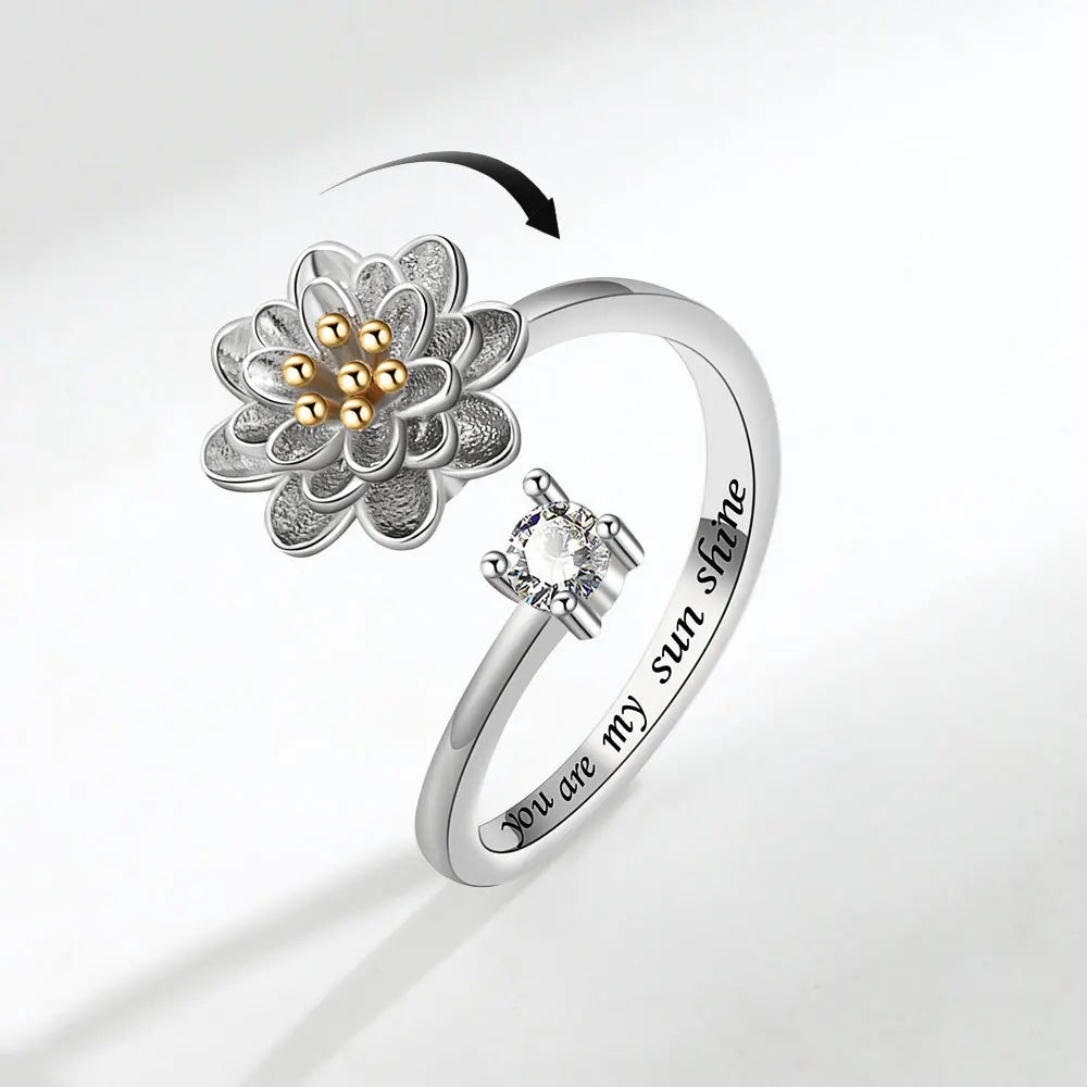 Sam Panda 925 Sterling Silver Sunflower Diamond Zircon Rotatable Ring For Women Gift Relieve Stress Ring Jewelry Wholesale