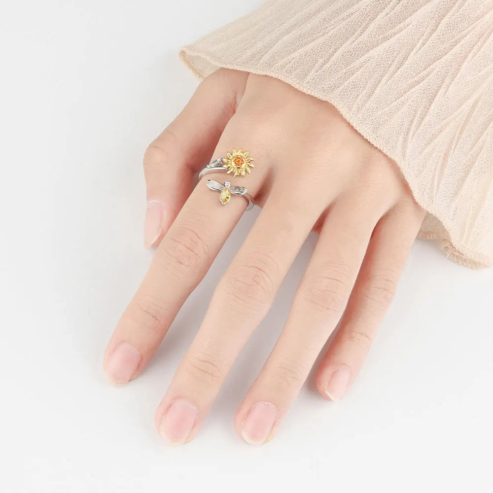 Sam Panda 925 Sterling Silver Sunflower Diamond Zircon Rotatable Ring For Women Gift Relieve Stress Ring Jewelry Wholesale