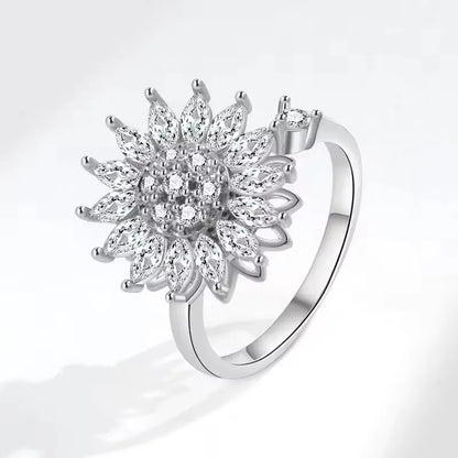 Sam Panda 925 Sterling Silver Sunflower Diamond Zircon Rotatable Ring For Women Gift Relieve Stress Ring Jewelry Wholesale