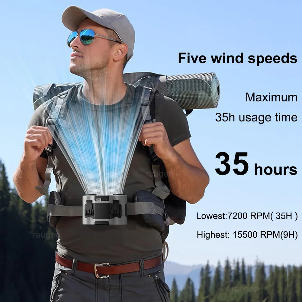 Portable Waist Clip Fan Wearable Mini USB Rechargeable Hanging Fan For Outdoor Working Double Air Outlet Waist Fan 20000Mah