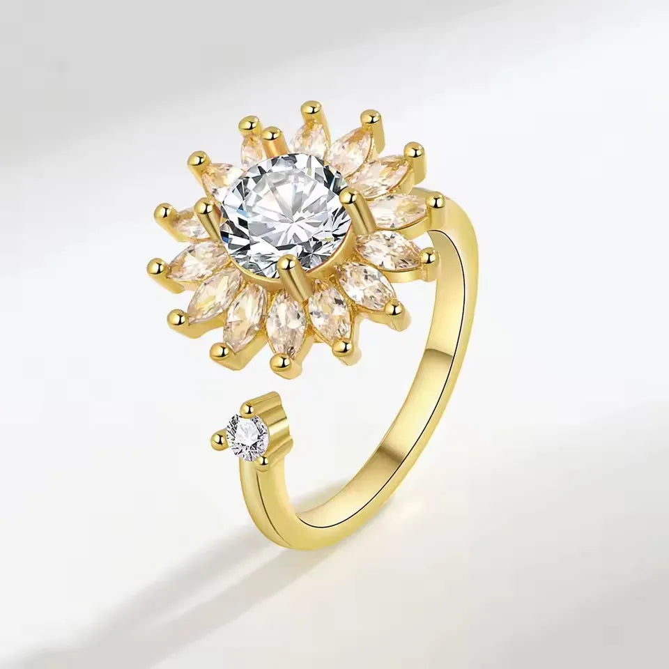 Sam Panda 925 Sterling Silver Sunflower Diamond Zircon Rotatable Ring For Women Gift Relieve Stress Ring Jewelry Wholesale