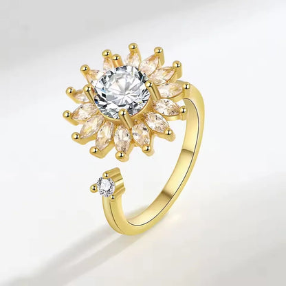 Sam Panda 925 Sterling Silver Sunflower Diamond Zircon Rotatable Ring For Women Gift Relieve Stress Ring Jewelry Wholesale