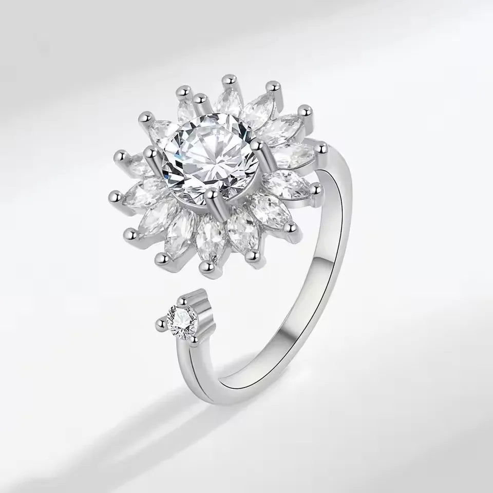 Sam Panda 925 Sterling Silver Sunflower Diamond Zircon Rotatable Ring For Women Gift Relieve Stress Ring Jewelry Wholesale