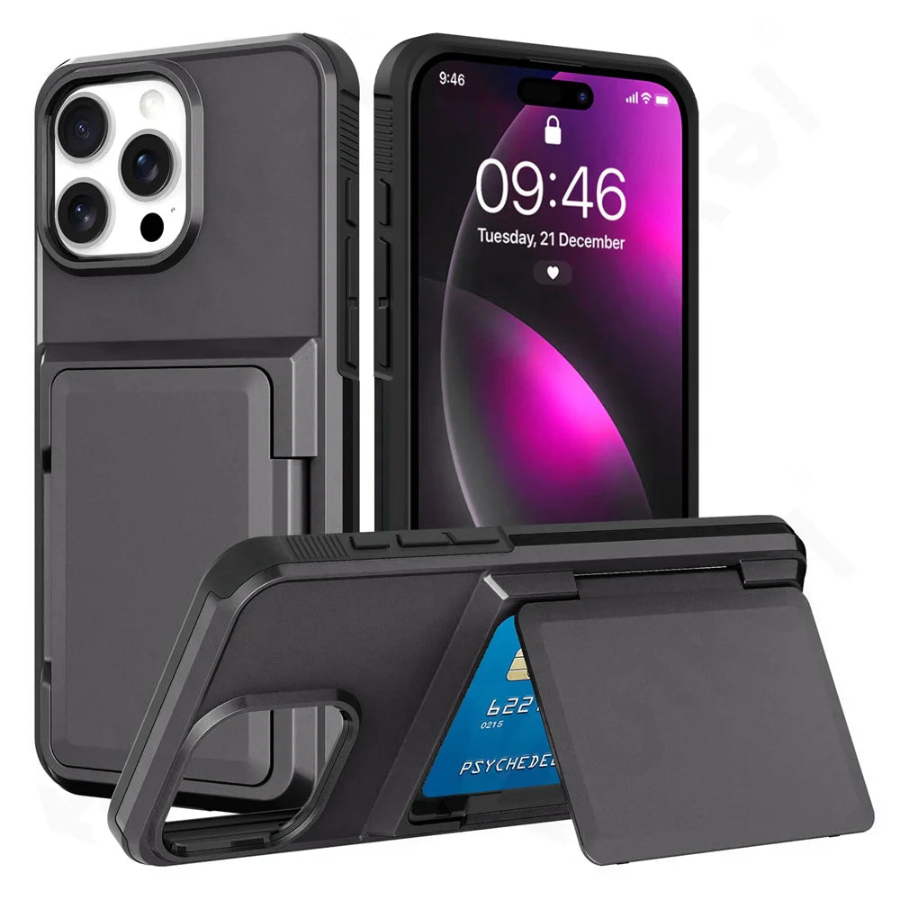 Case For iPhone 16 15 14 13 12 11 Pro Max Plus Wallet Credit Card Holder ID Card Slot Heavy Duty Protection Shockproof Cover