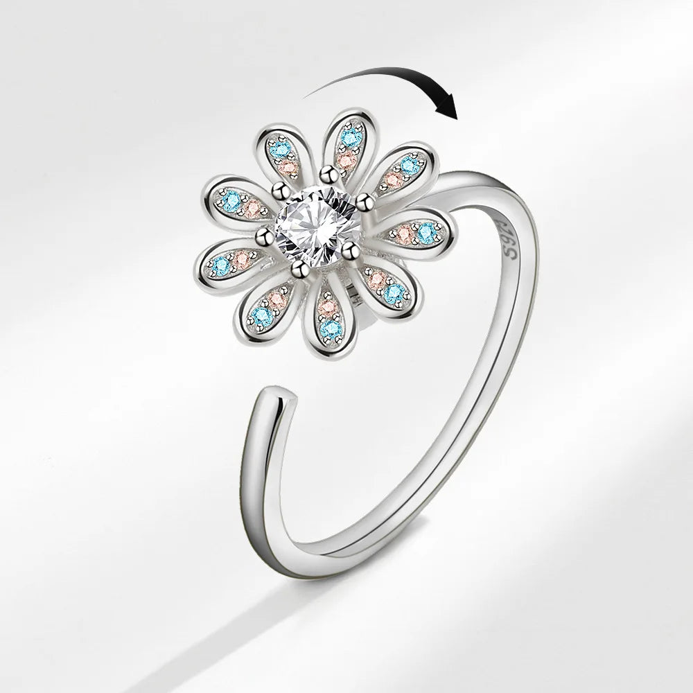 Sam Panda 925 Sterling Silver Sunflower Diamond Zircon Rotatable Ring For Women Gift Relieve Stress Ring Jewelry Wholesale