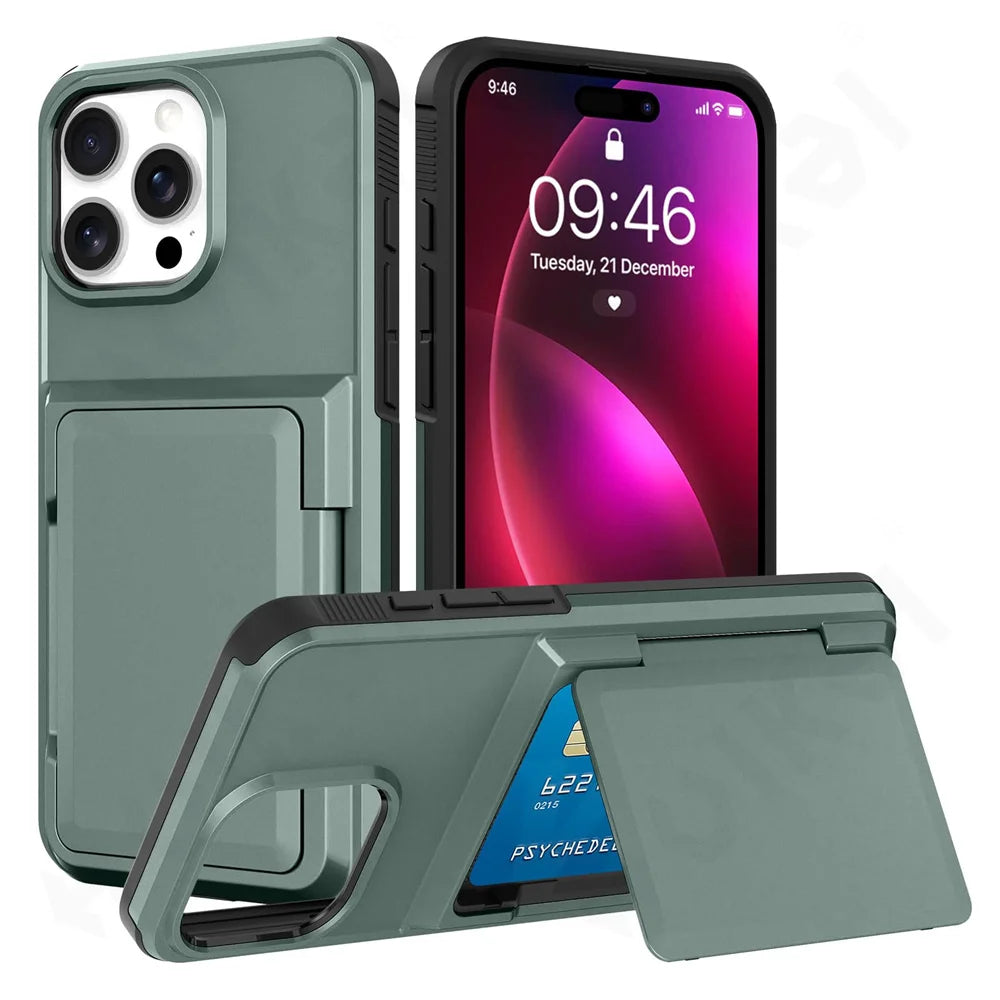 Case For iPhone 16 15 14 13 12 11 Pro Max Plus Wallet Credit Card Holder ID Card Slot Heavy Duty Protection Shockproof Cover