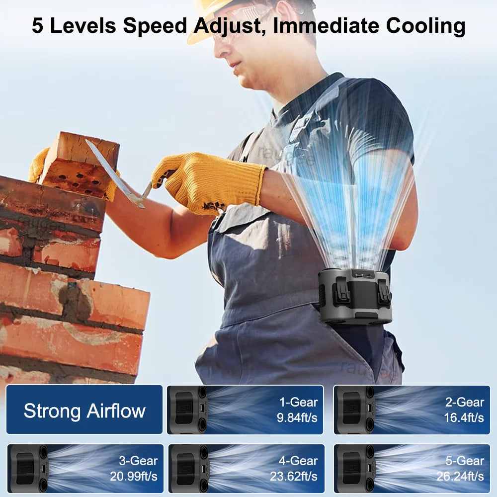 Portable Waist Clip Fan Wearable Mini USB Rechargeable Hanging Fan For Outdoor Working Double Air Outlet Waist Fan 20000Mah