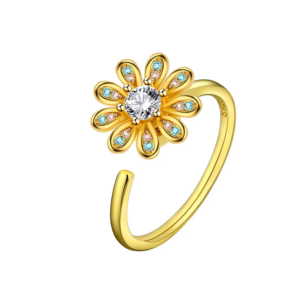 Sam Panda 925 Sterling Silver Sunflower Diamond Zircon Rotatable Ring For Women Gift Relieve Stress Ring Jewelry Wholesale
